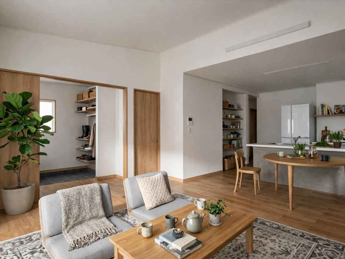 勾配天井×ガラス戸で魅せる、17.6帖の開放的LDK